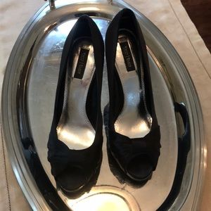 Black satin peep toe stilettos